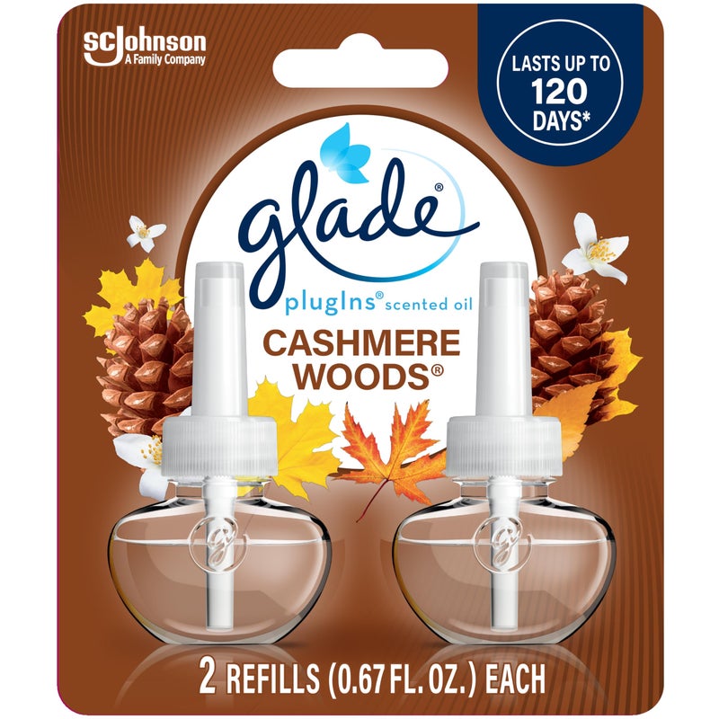 Glade عبوات إعادة تعبئة معطر الهواء من غليد، معطرات وعطور أساسية للمنزل والحمام، خشب الكشمير، 1.34 أونصة سائلة، 2 عدد - Image 1